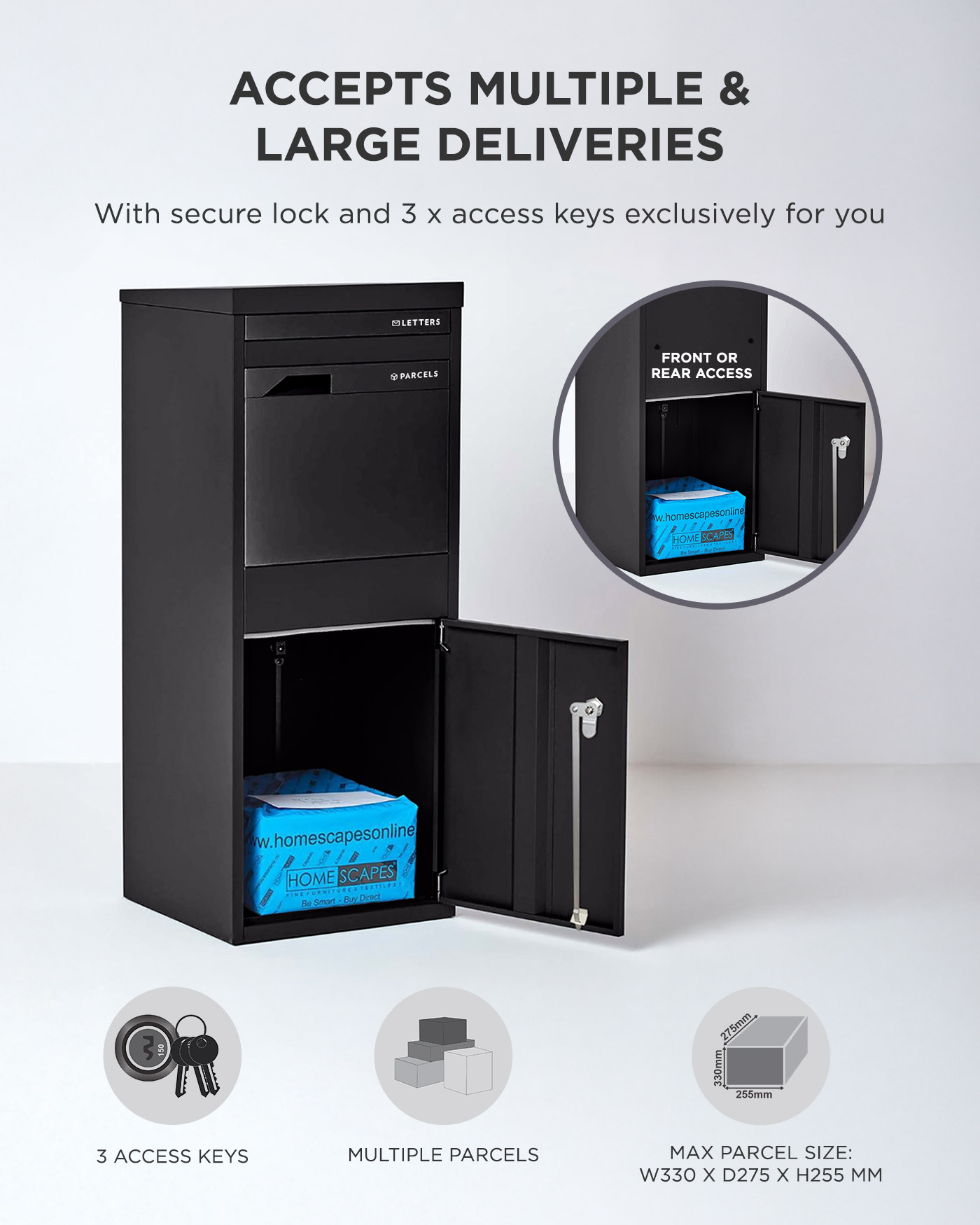 Large Front & Rear Access Black Smart Parcel Box